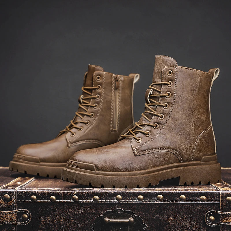 Botki Męskie Sznurowane za Kostkę z Traperową Podeszwą i Bocznym Zamkiem
