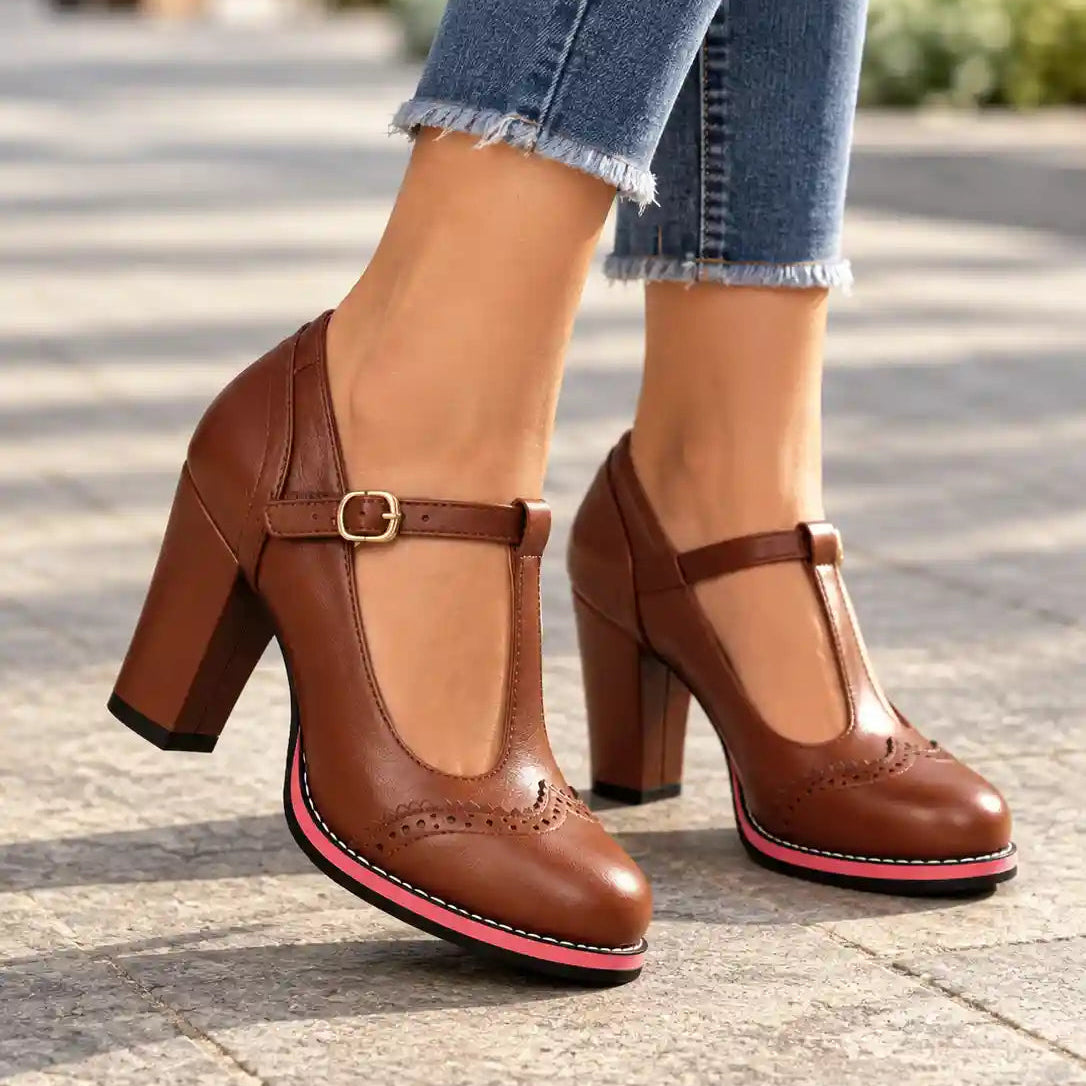 Buty Mary Jane Na Obcasie Brogsy Wsuwane Damskie Z Ramiączkiem T I Złotymi Okuciami