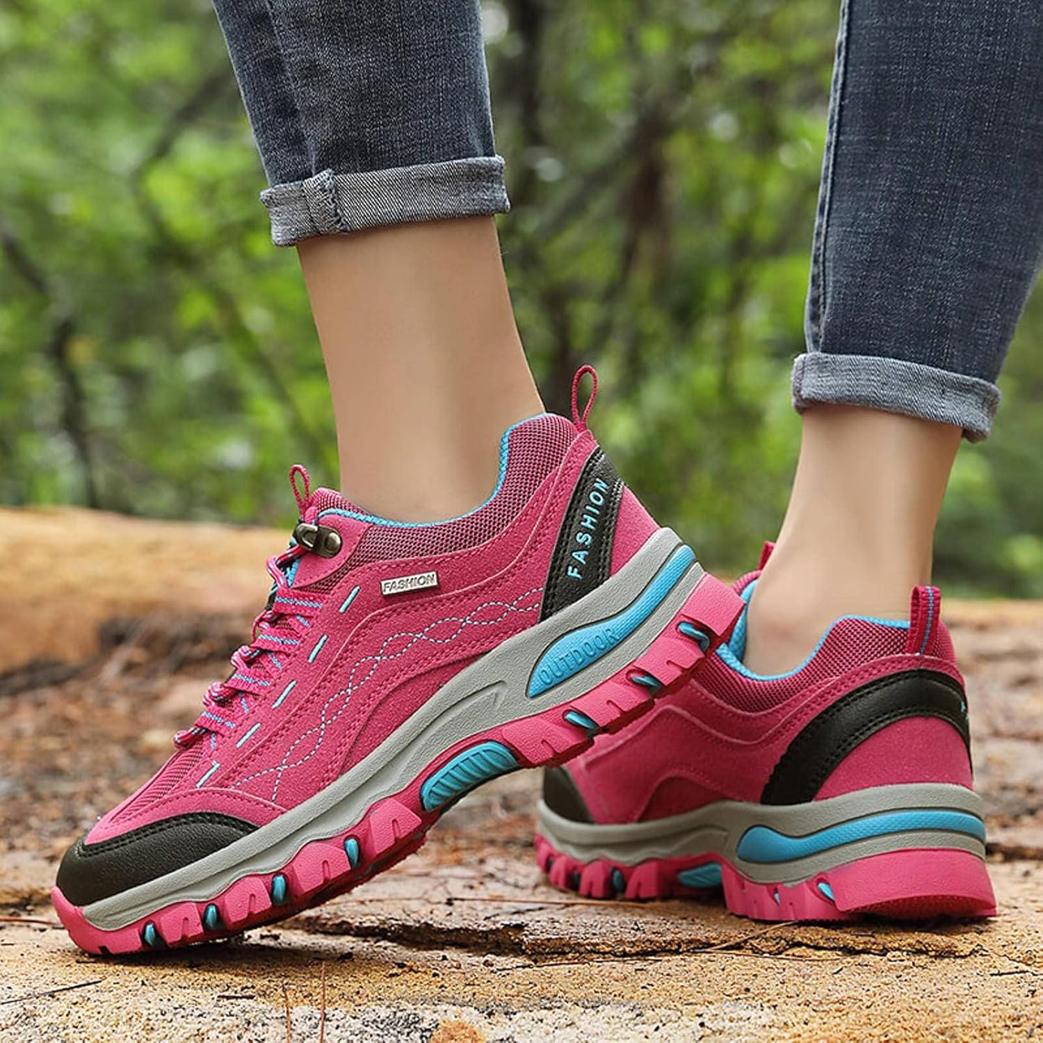 Buty Trekkingowe Damskie Sznurowane Z Panelami Z Siatki I Grubą Podeszwą