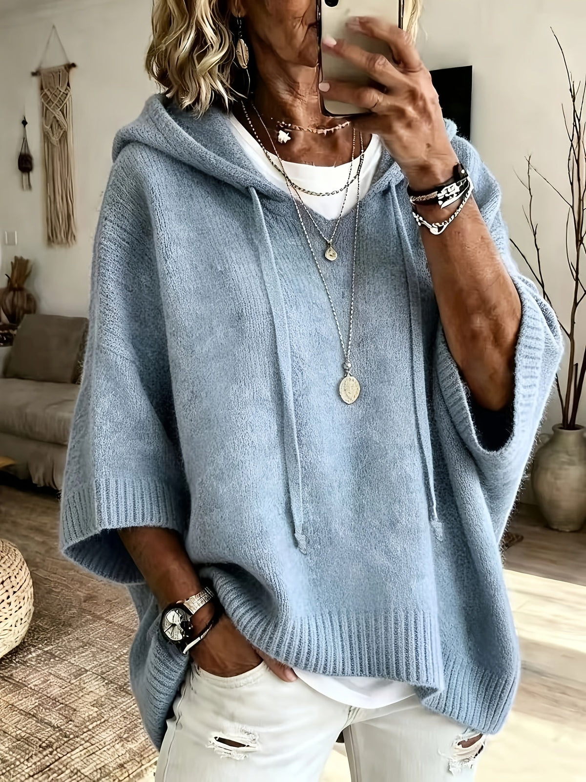 Damska Obszerna Bluza Z Kapturem Ze Sznurkami I Prążkowanym Wykończeniem