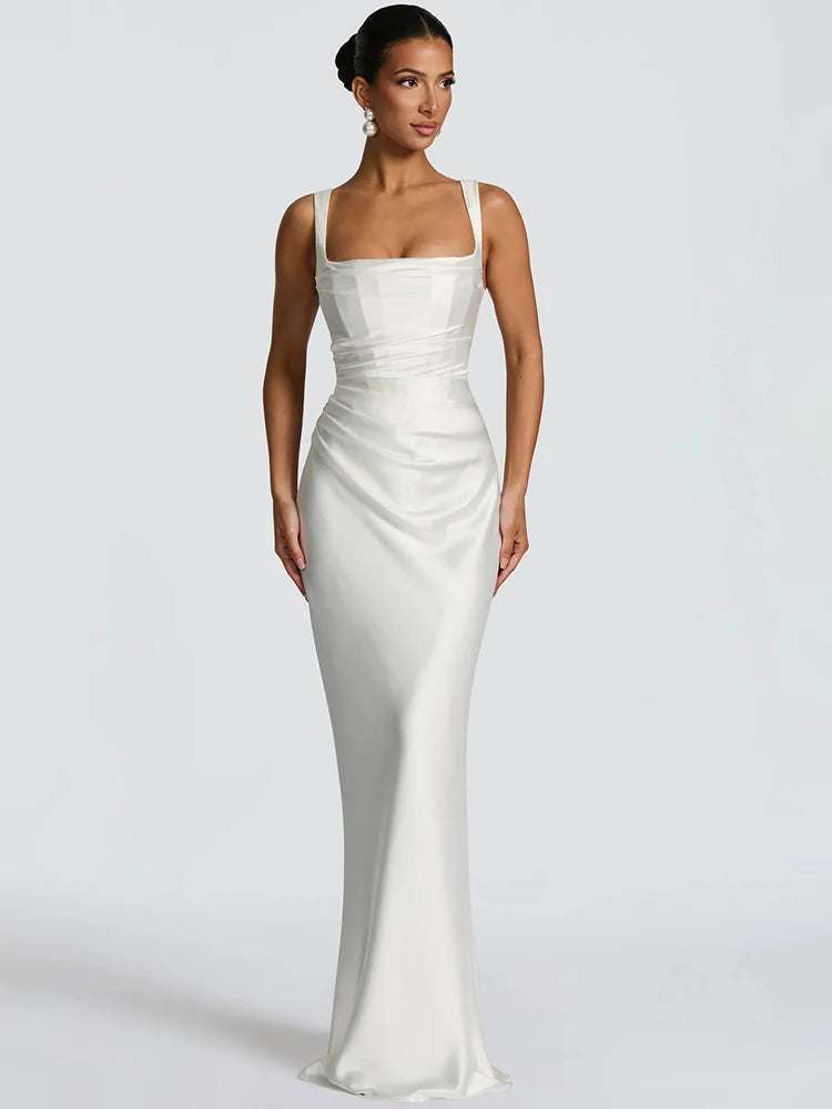 Damska Sukienka Maxi Na Wesele Bez Rękawów Z Prostym Dekoltem I Wiązaniem Na Plecach