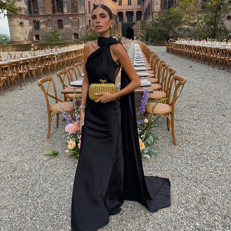 Damska Sukienka Maxi Na Wesele Na Jedno Ramię Z Wysokim Dekoltem I Długim Panelem Z Tyłu