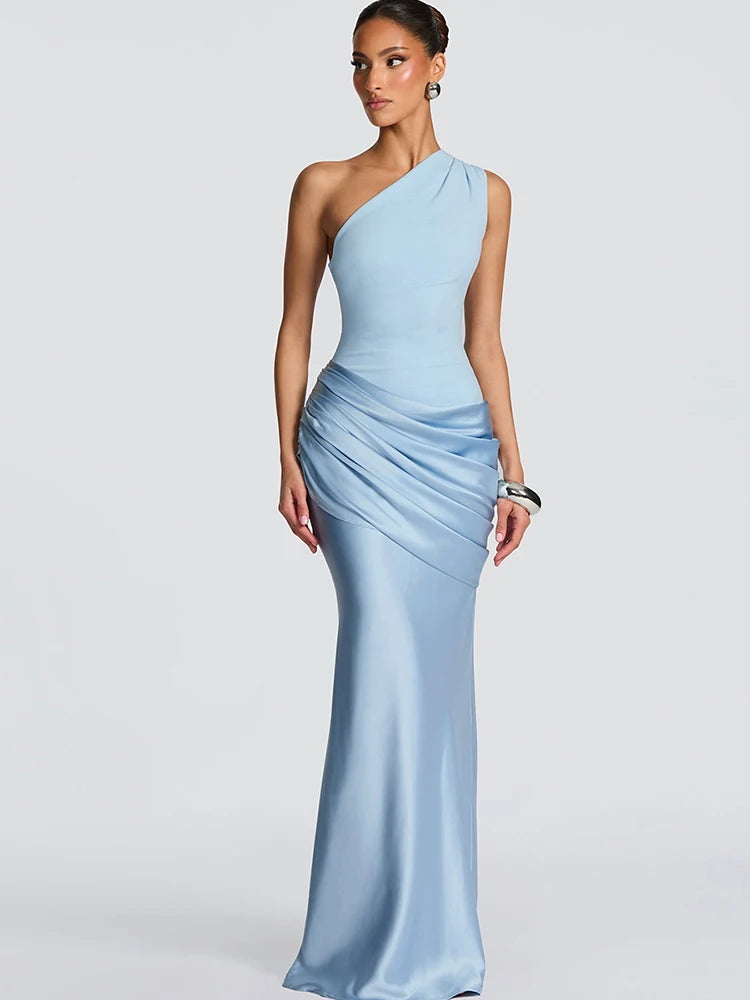 Damska Sukienka Maxi Na Wesele Z Asymetrycznym Dekoltem Na Jedno Ramię I Drapowaniem Na Boku