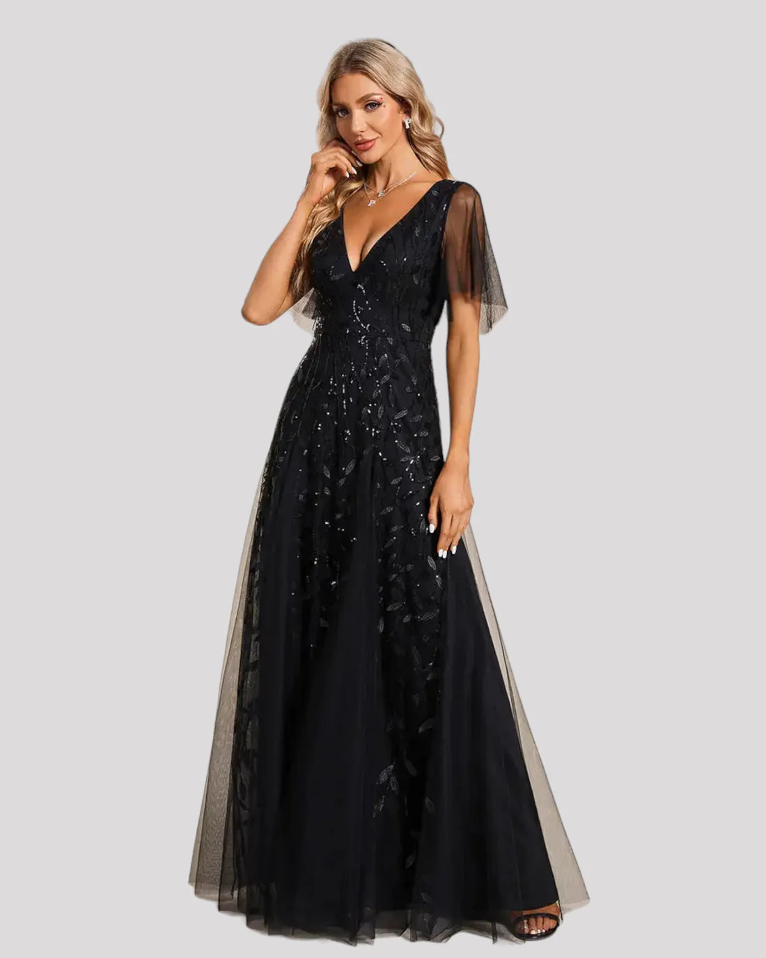 Damska Sukienka Maxi Na Wesele Z Dekoltem V I Wzorem Liści