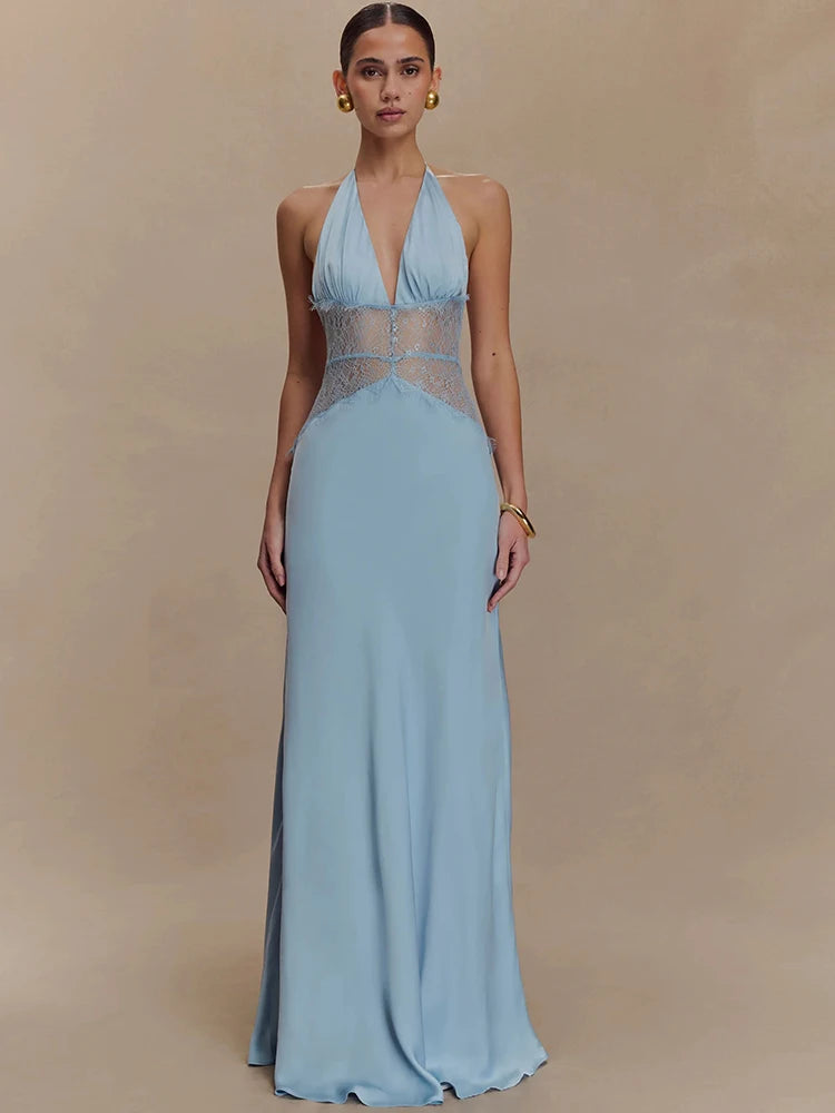 Damska Sukienka Maxi Na Wesele Z Głębokim Dekoltem V I Koronkową Wstawką