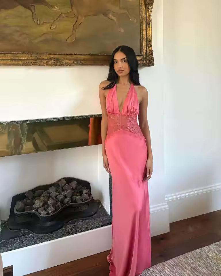 Damska Sukienka Maxi Na Wesele Z Głębokim Dekoltem V I Koronkową Wstawką