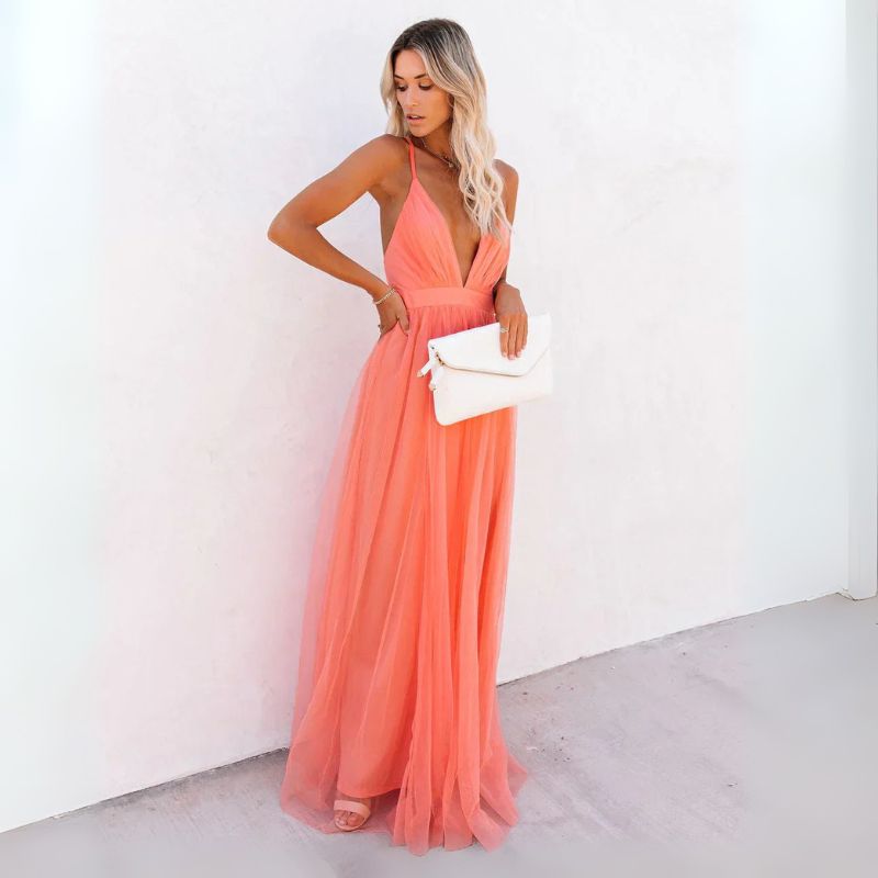 Damska Sukienka Maxi Na Wesele Z Krzyżującymi Się Ramiączkami Na Plecach I Głębokim Dekoltem V
