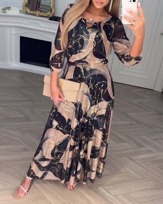 Damska Sukienka Maxi z Okrągłym Dekoltem z Wycięciem i Rękawami 3/4