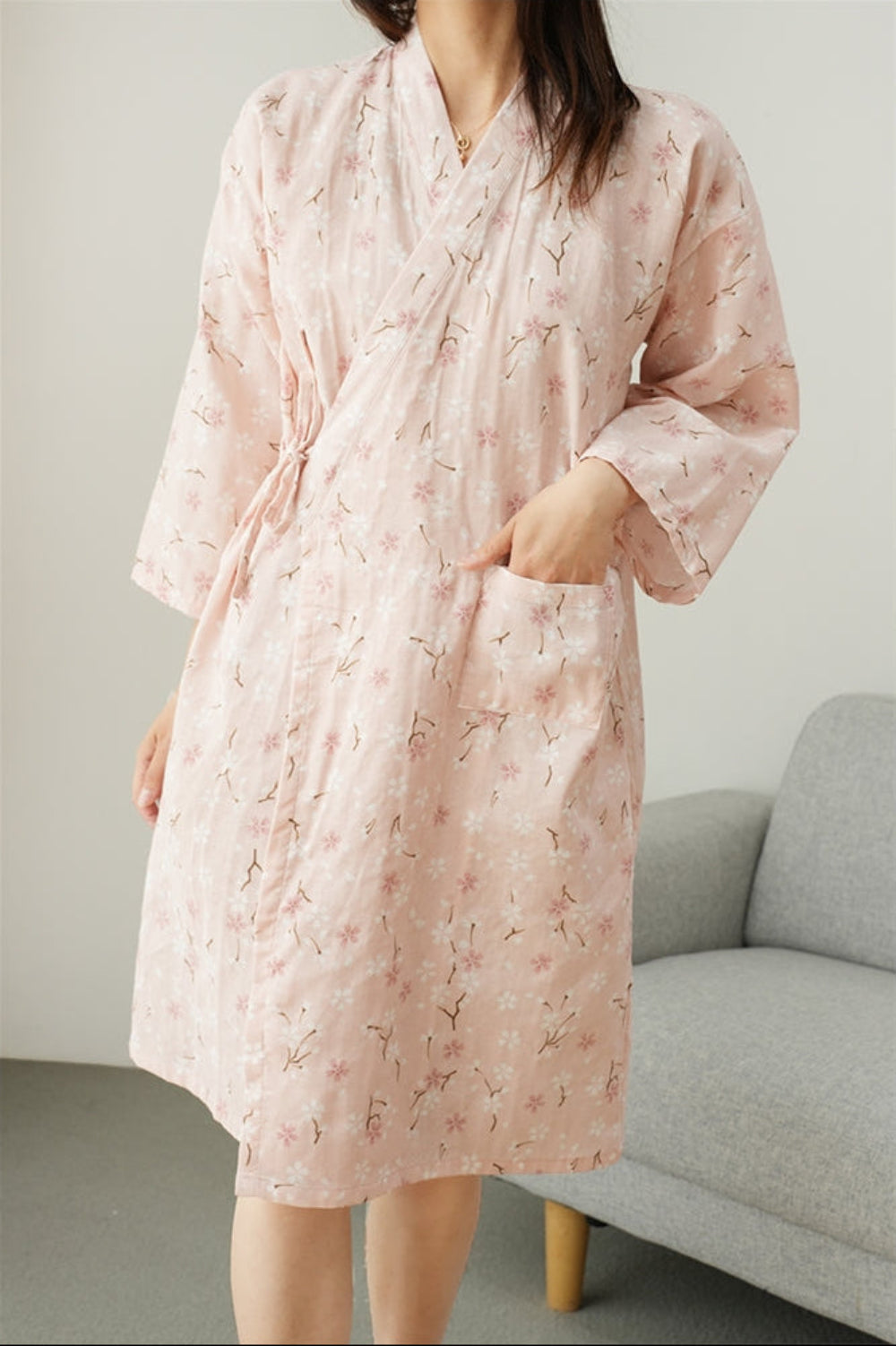 Damska Sukienka Wieczorowa Kimono z Kieszenią i Kwiatowym Nadrukiem