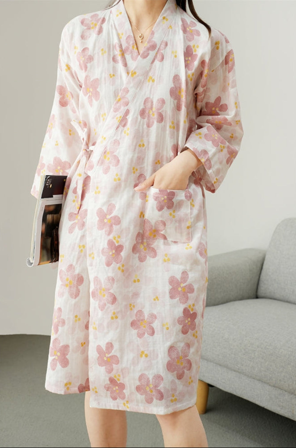 Damska Sukienka Wieczorowa Kimono z Kieszenią i Kwiatowym Nadrukiem