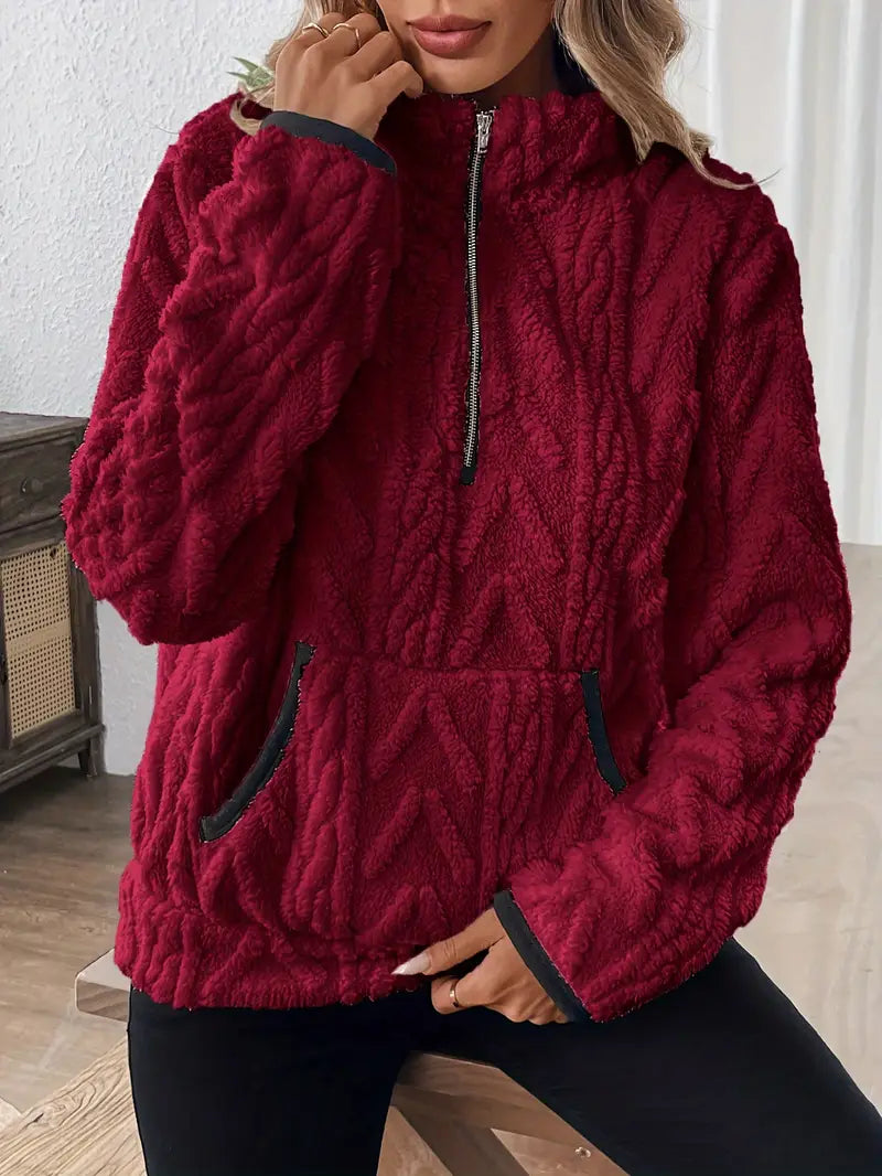 Damski Sweter Polarowy Z Krótkim Zamkiem Przy Dekolcie I Kieszenią Kangurkową