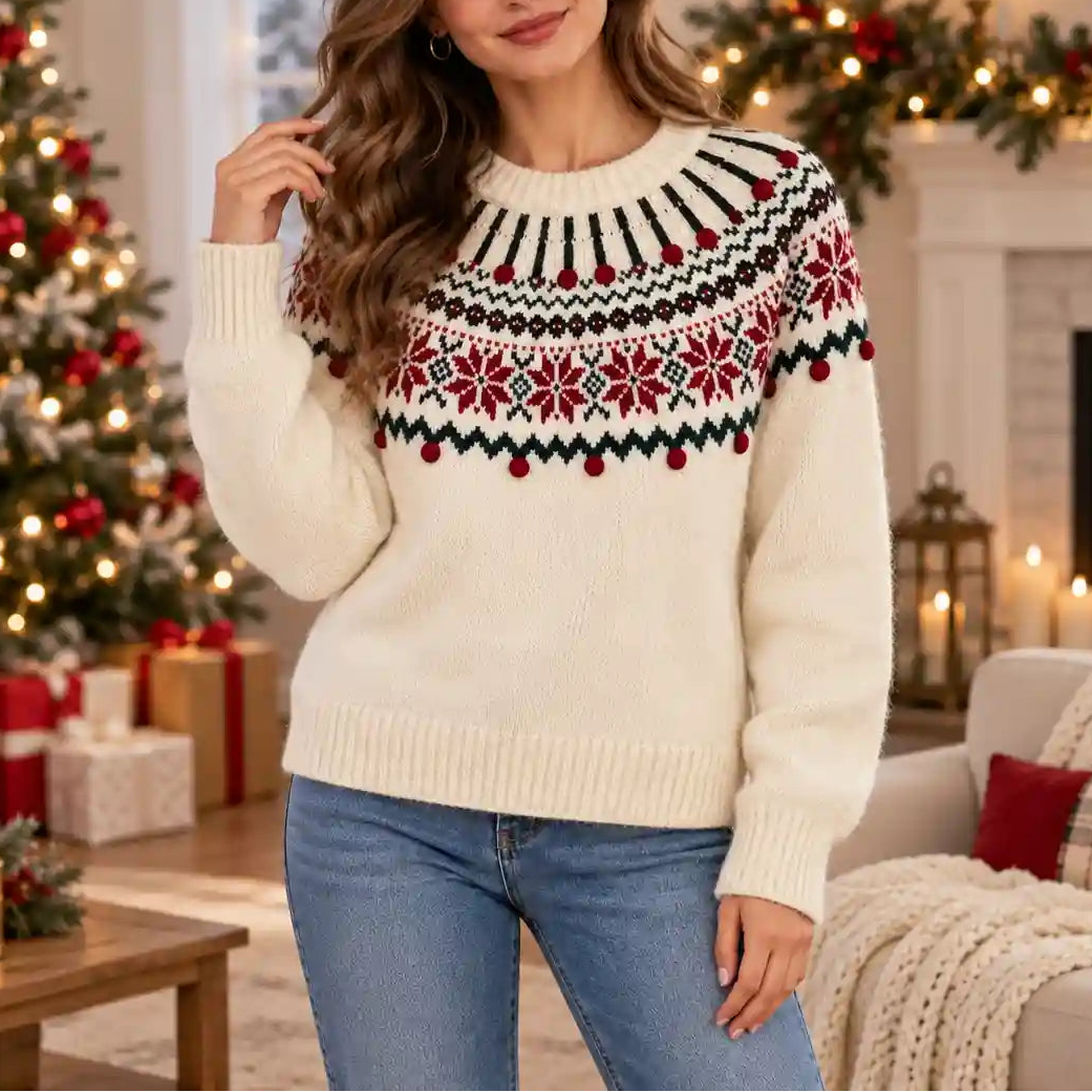 Damski Sweter Świąteczny Oversize W Norweski Wzór Z Pomponami I Żakardowym Karczkiem
