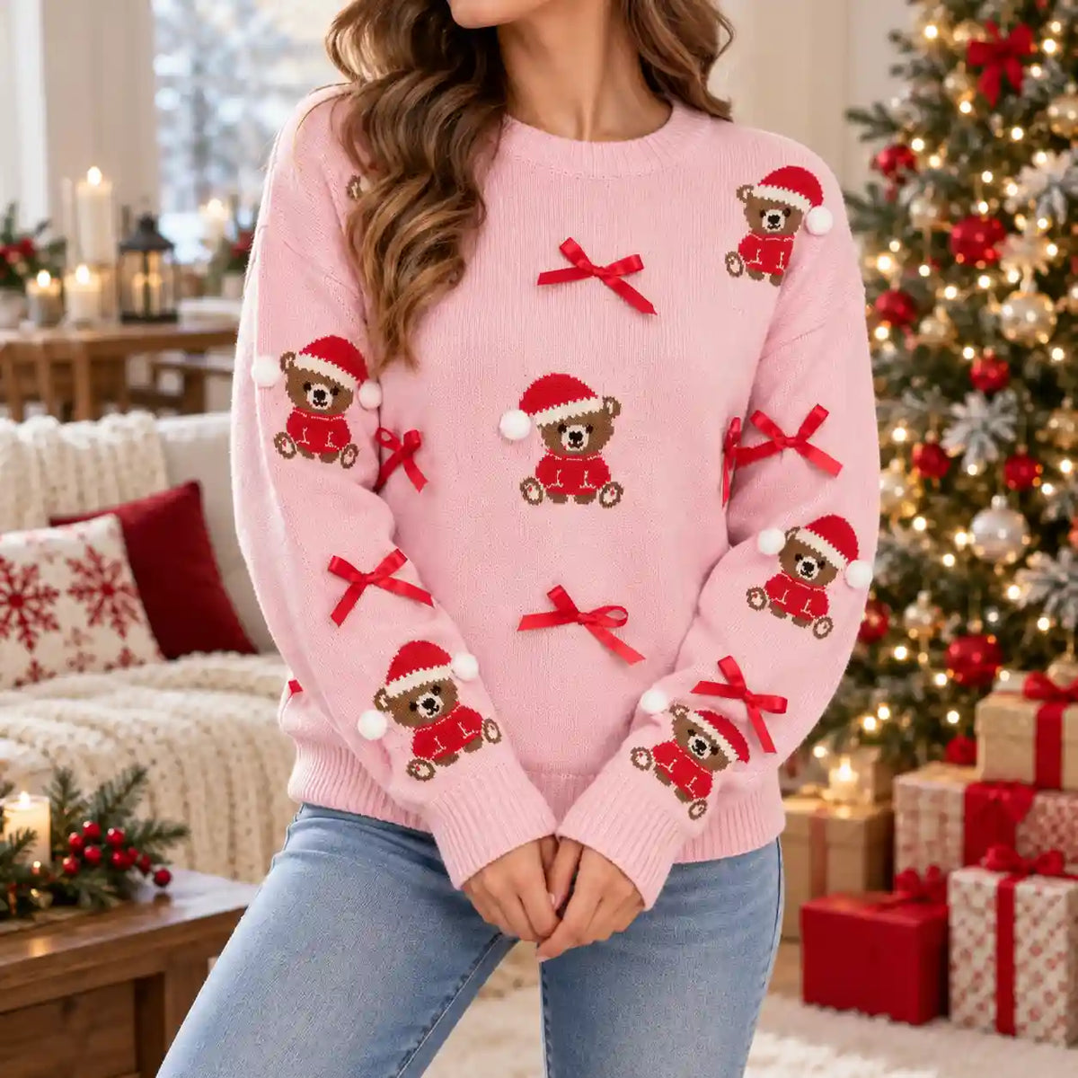 Damski Sweter Świąteczny Oversize Z Okrągłym Dekoltem I Kokardami
