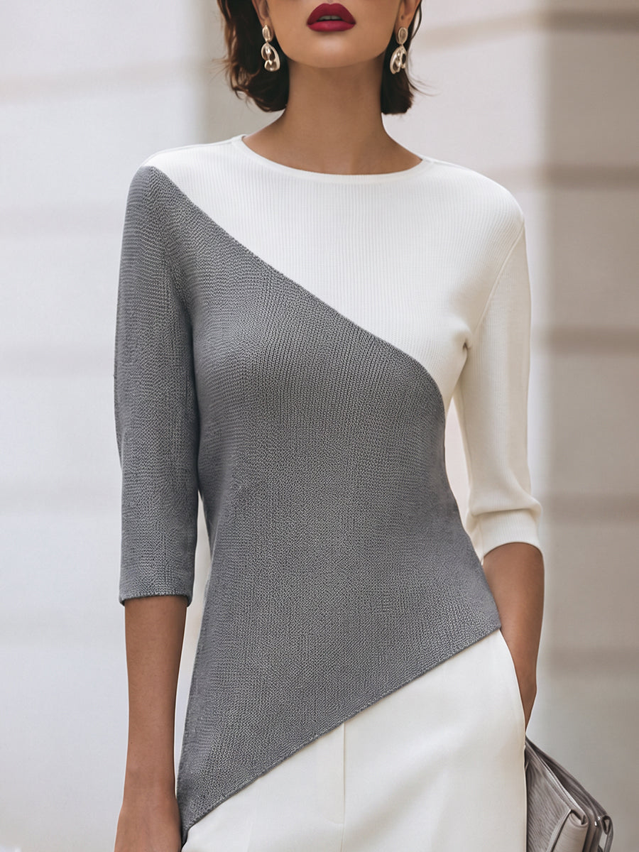 Widok z przodu – okrągły dekolt, rękawy 3/4 i panele color block, kolor szary