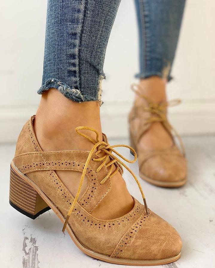 Damskie Buty Mary Jane Sznurowane Z Wycięciami I Obcasem Klockowym