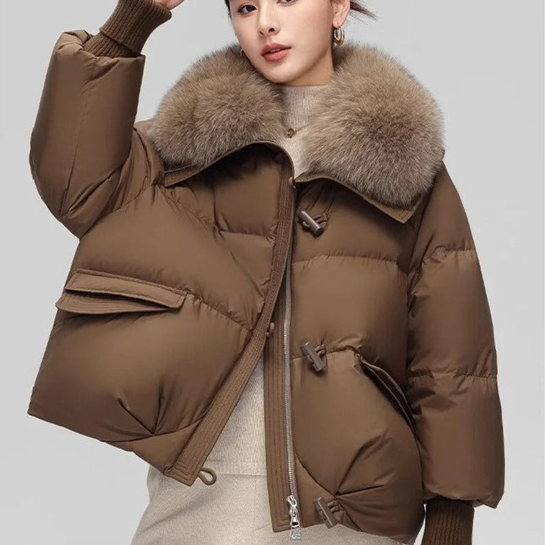 Damskie Kurtki Puchowe Na Zimę Z Szerokim Kołnierzem I Kieszeniami Z Patkami