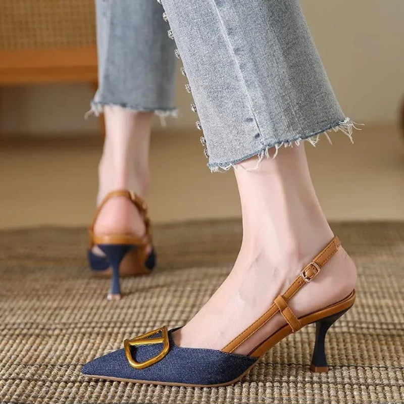 Damskie Szpilki Czółenka Slingback Ze Szpiczastym Noskiem I Paskiem Na Pięcie