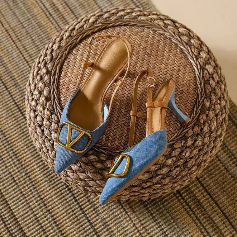 Damskie Szpilki Czółenka Slingback Ze Szpiczastym Noskiem I Paskiem Na Pięcie