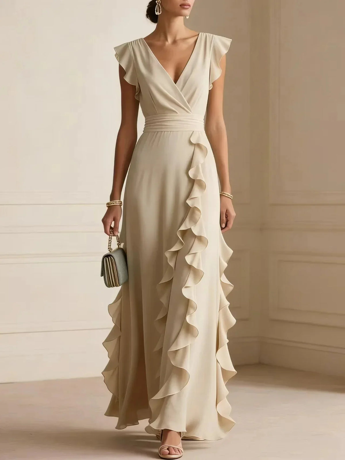 Widok z przodu, kopertowy przód, pas w talii i kaskadowe falbany, kolor szampański