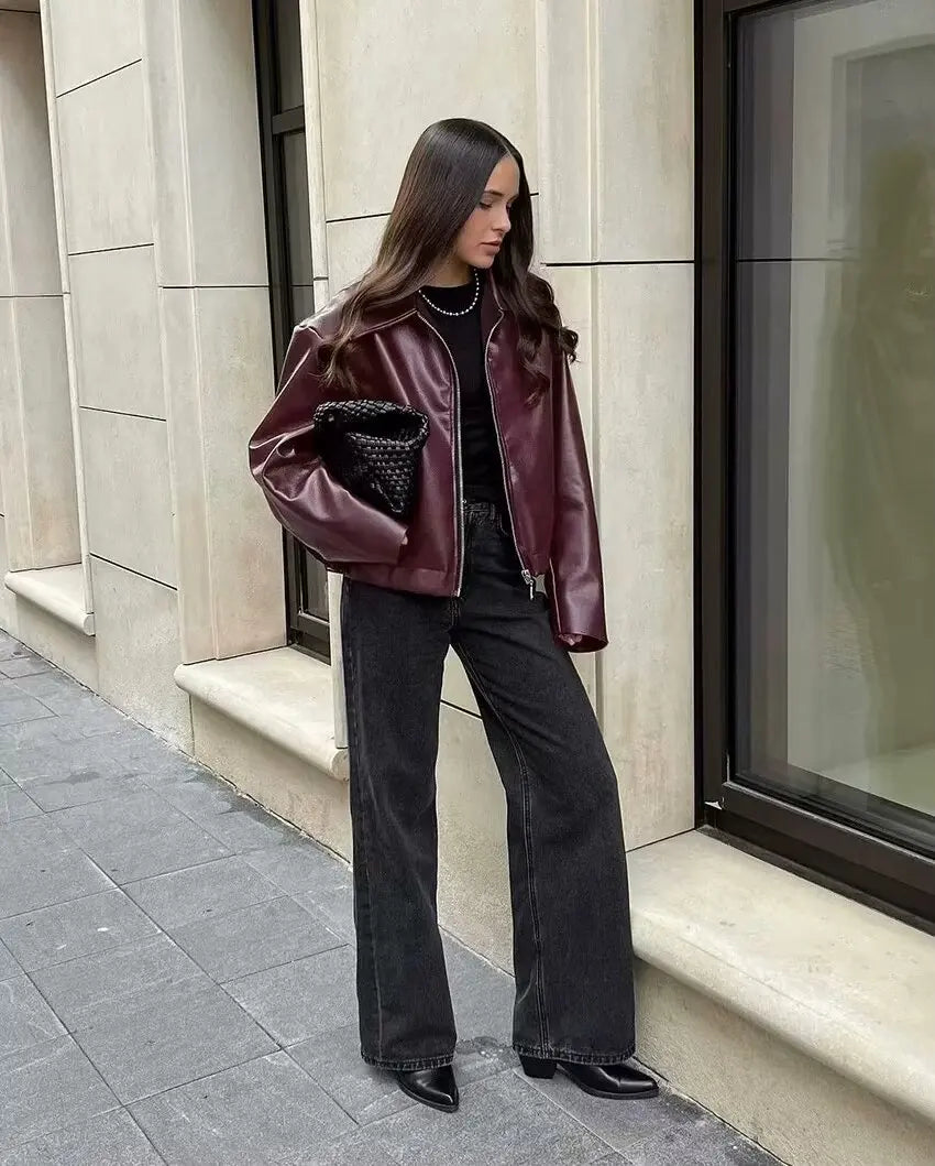 Kurtka Skórzana Damska Ze Skóry PU Z Kołnierzem Wykładanym I Zamkiem