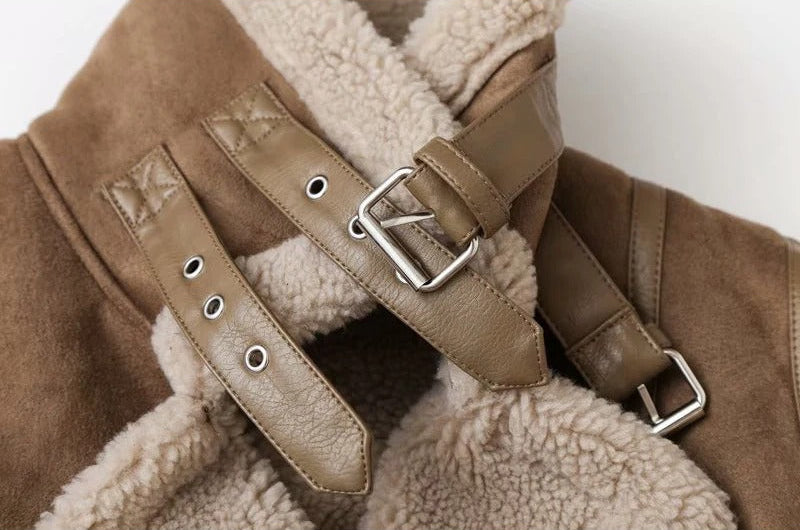 Kurtka Skórzana Damska Ze Skóry PU Z Kołnierzem Z Podszyciem I Paskami Z Klamrami