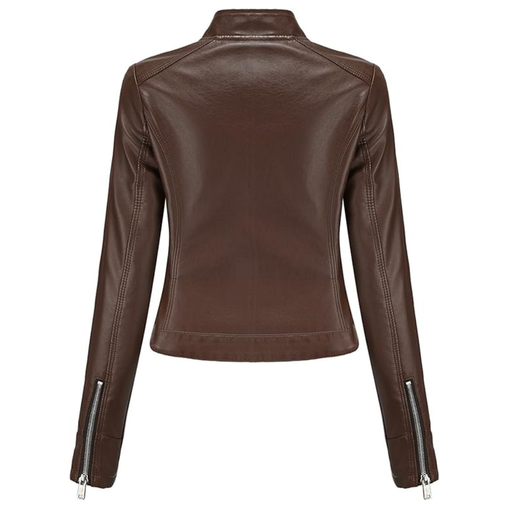 Kurtka Skórzana Damska Ze Skóry PU Z Zamkiem Z Przodu I Stójką