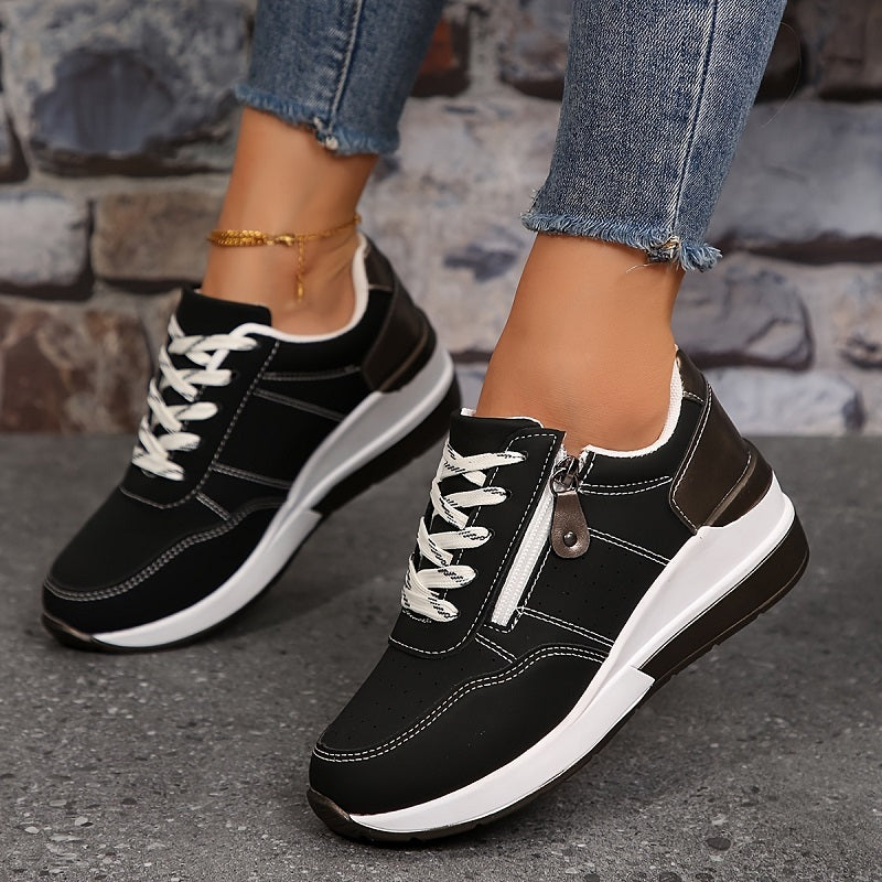 Sneakersy Damskie Niskie Sznurowane Z Bocznyym Zamkiem I Perforowaną Cholewką