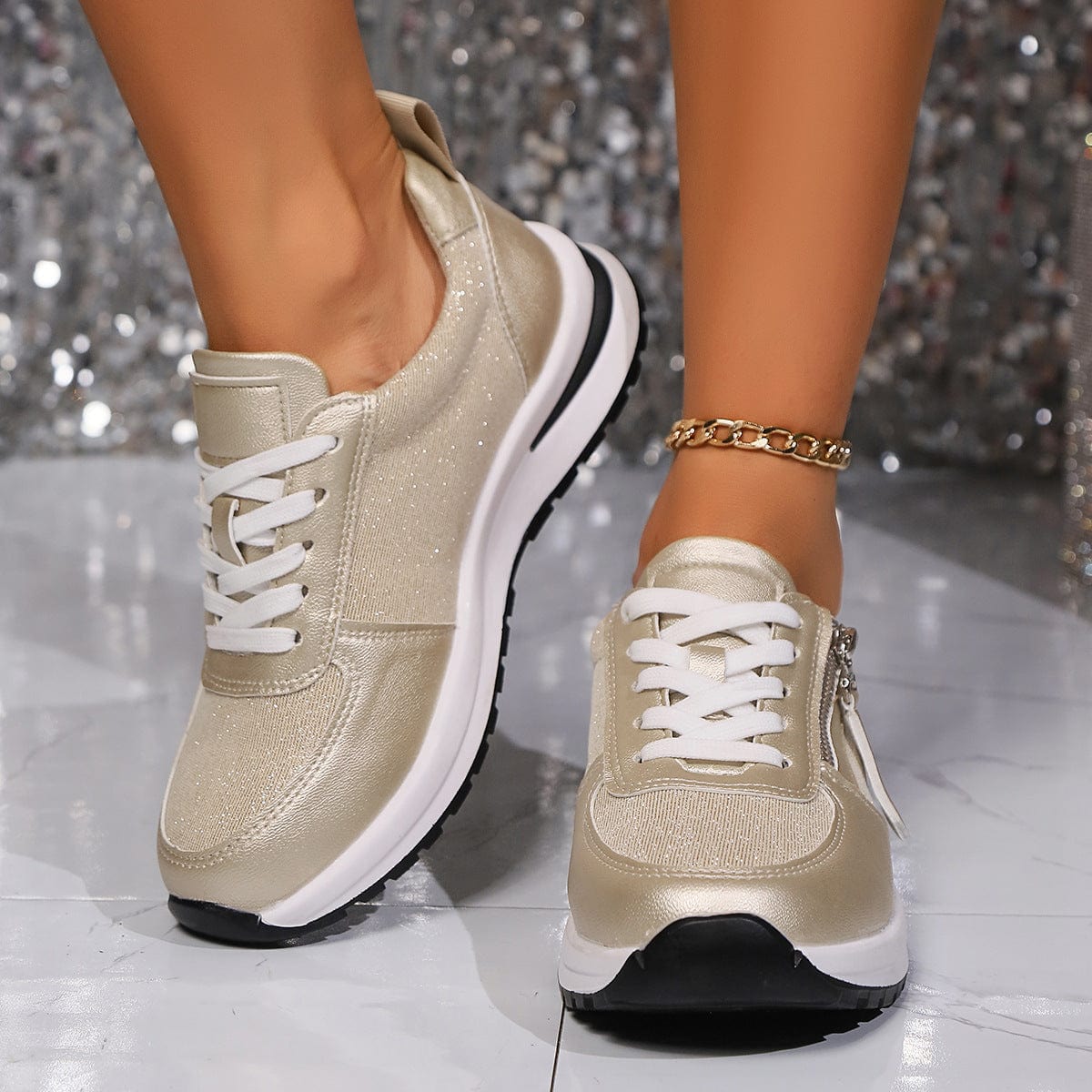 Sneakersy Damskie Sznurowane Z Bocznym Zamkiem I Grubą Podeszwą