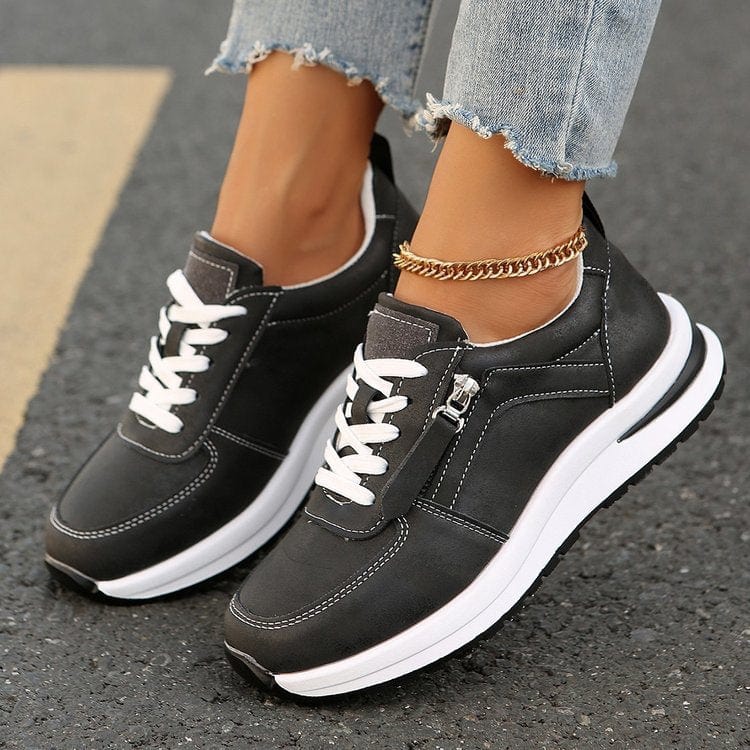 Sneakersy Damskie Sznurowane Z Bocznym Zamkiem I Grubą Podeszwą