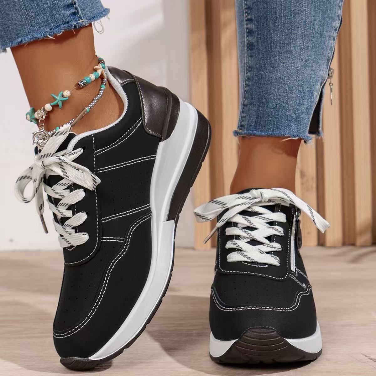 Sneakersy Damskie Z Bocznym Zamkiem I Koturnową Podeszwą