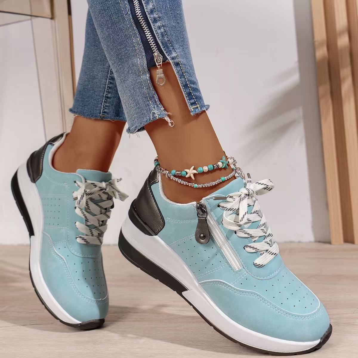 Sneakersy Damskie Z Bocznym Zamkiem I Koturnową Podeszwą