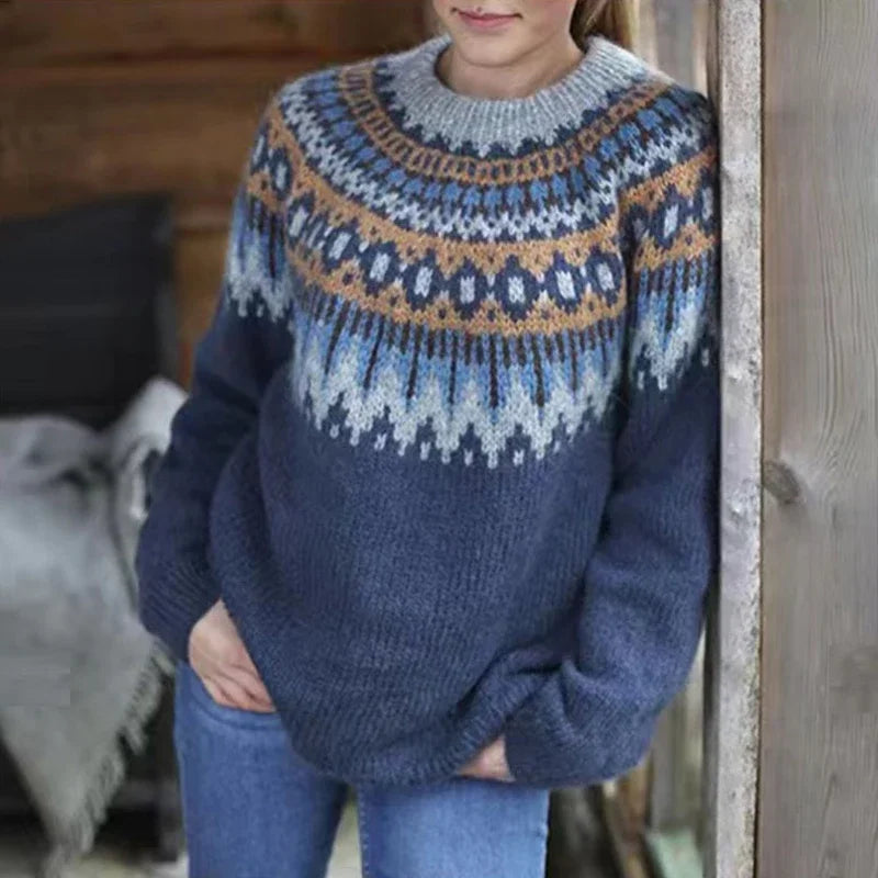 Sweter Damski Z Okrągłym Dekoltem I Geometrycznym Wzorem