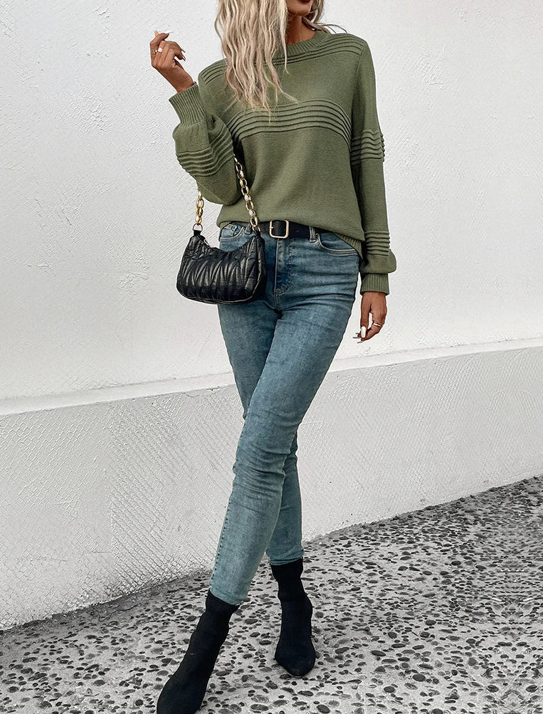 Sweter Damski z Okrągłym Dekoltem i Prążkowanymi Pasami