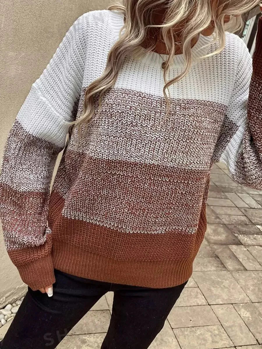 Sweter Damski z Okrągłym Dekoltem i Wzorem Color-Block