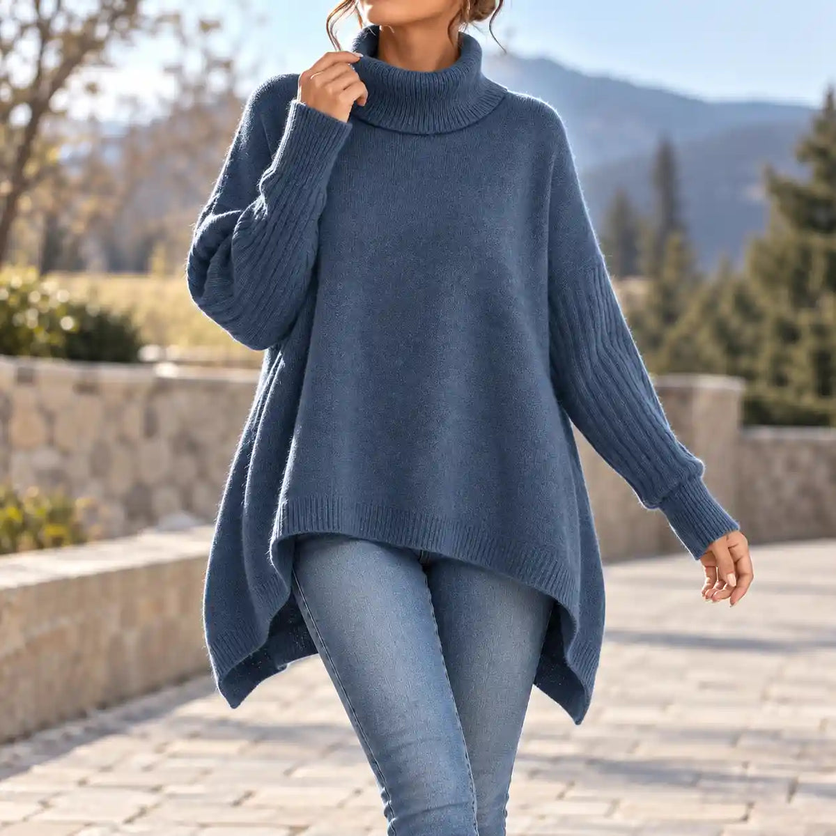 Sweter Golf Damski Z Długim Rękawem Z Obniżonymi Szwami Ramion I Asymetrycznym Dołem