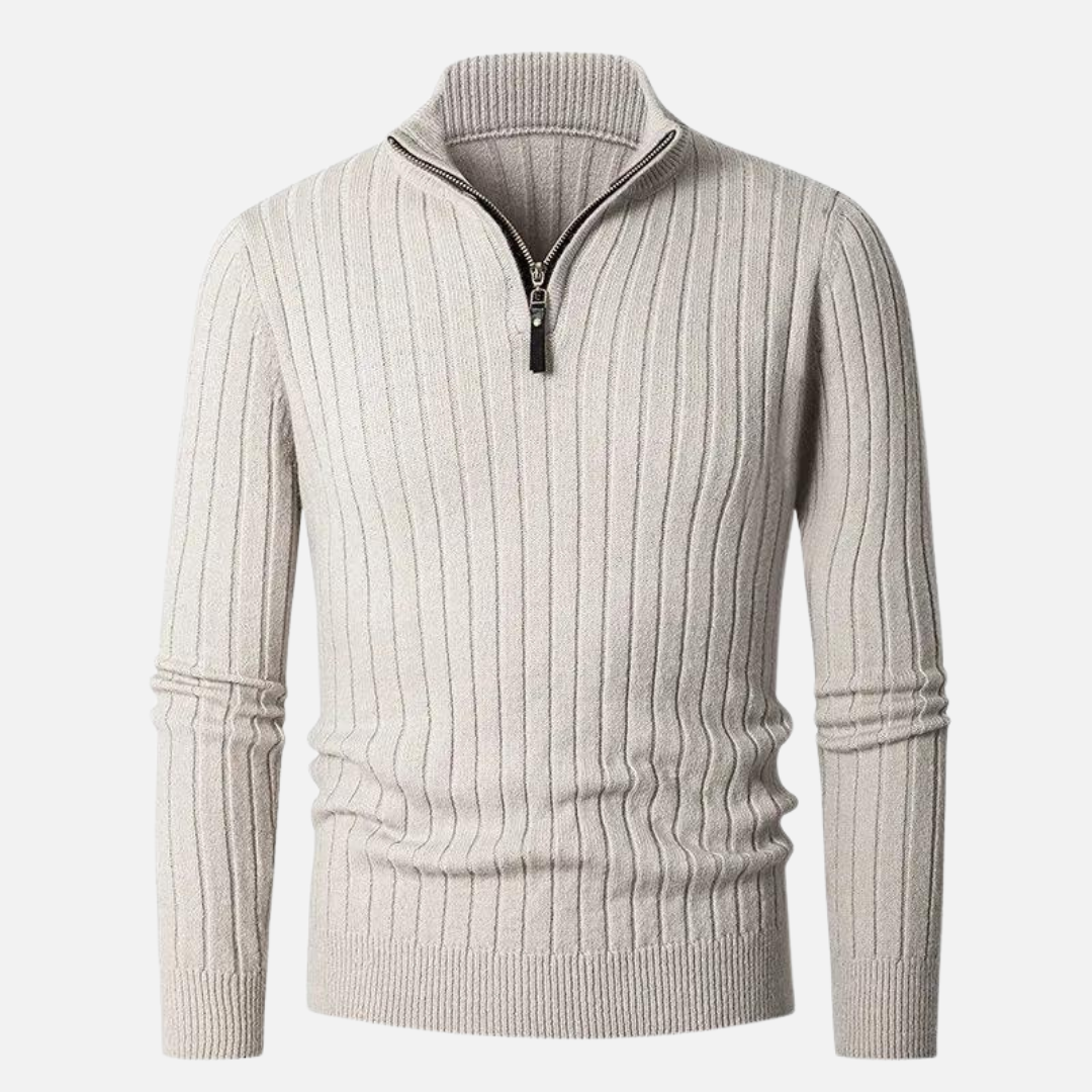 Sweter Męski Z Wysokim Kołnierzem I Półzamkiem W Prążki