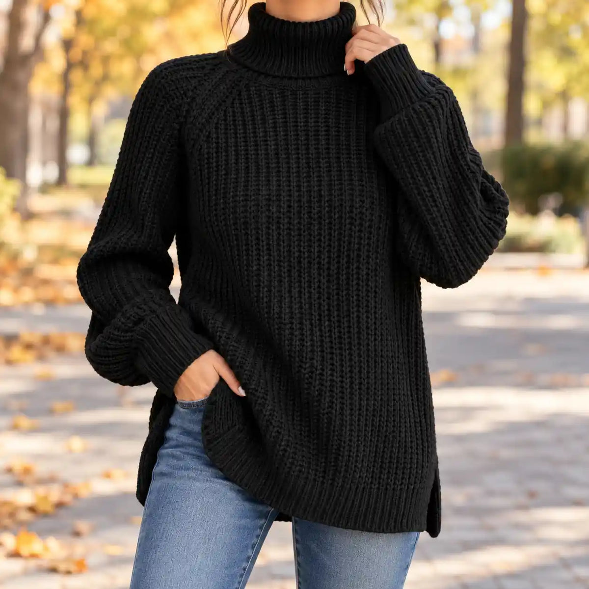 Sweter Oversize Z Golfem Damski Z Długim Rękawem I Rozcięciami Bocznymi