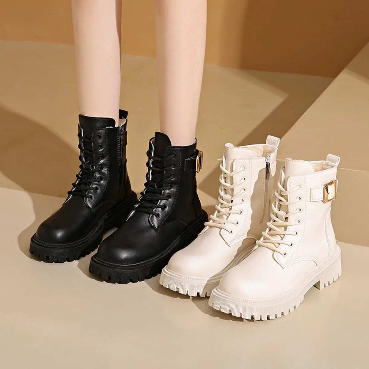 Botki Damskie Sznurowane Z Suwakiem I Klamrą