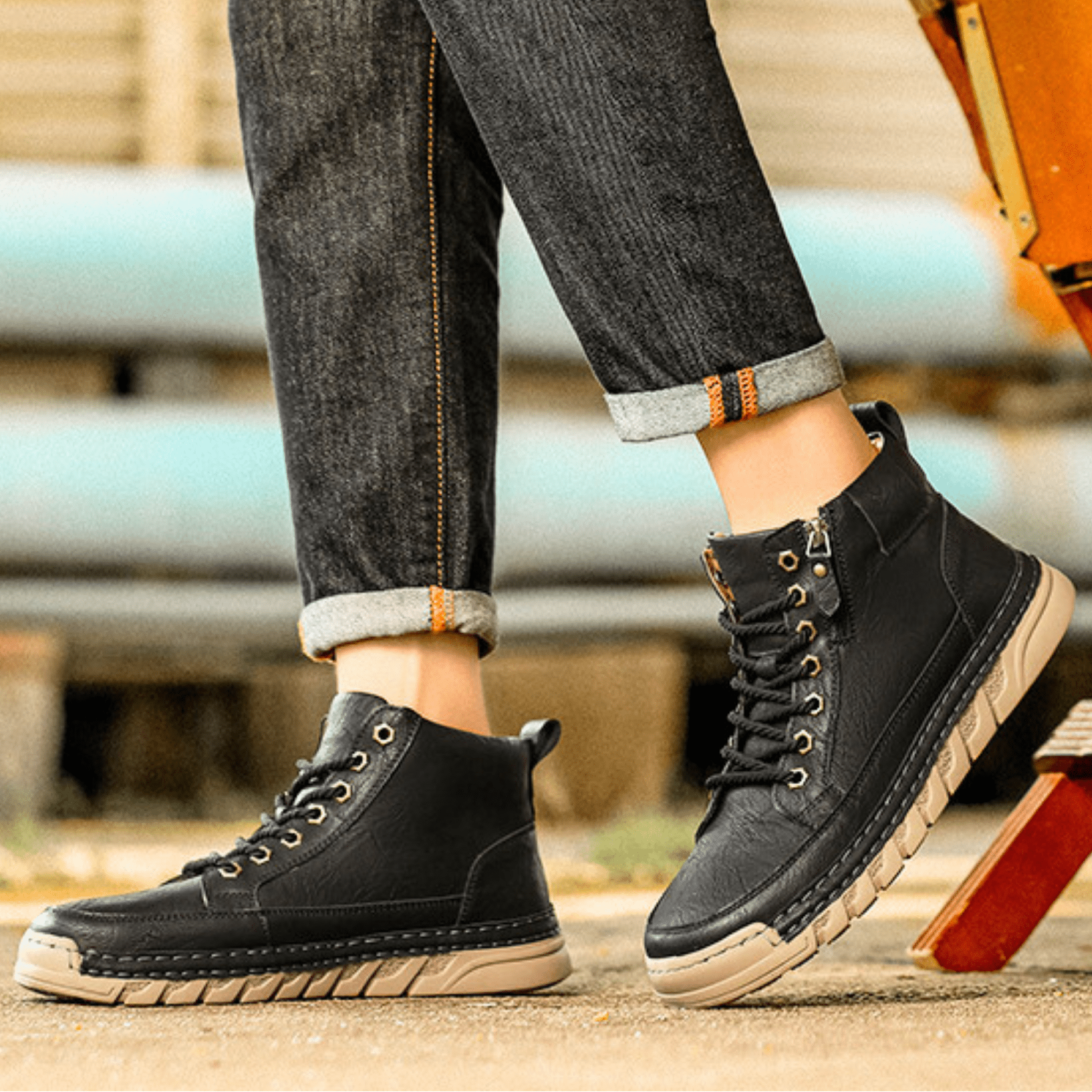 Botki Męskie Sznurowane Za Kostkę z Bocznym Zamkiem i Pętelką Do Zakładania