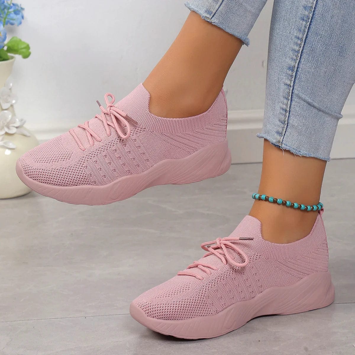 Buty Damskie Sznurowane Z Dzianinową Cholewką I Prążkowanym Wzorem