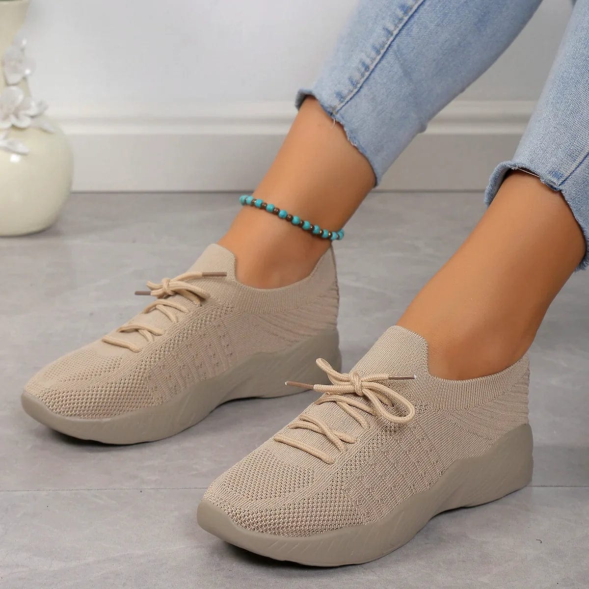 Buty Damskie Sznurowane Z Dzianinową Cholewką I Prążkowanym Wzorem
