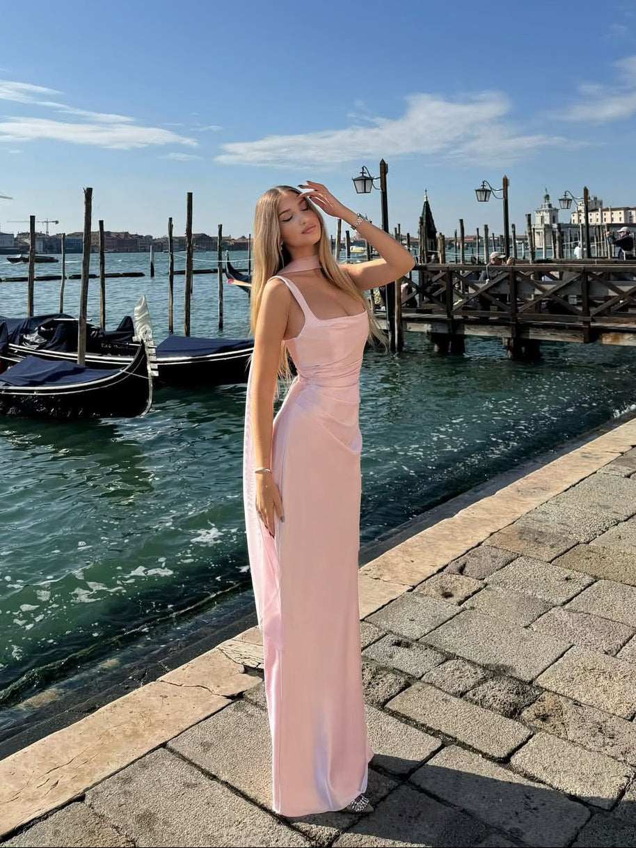 Damska Sukienka Maxi Na Wesele Bez Rękawów Z Prostym Dekoltem I Wiązaniem Na Plecach