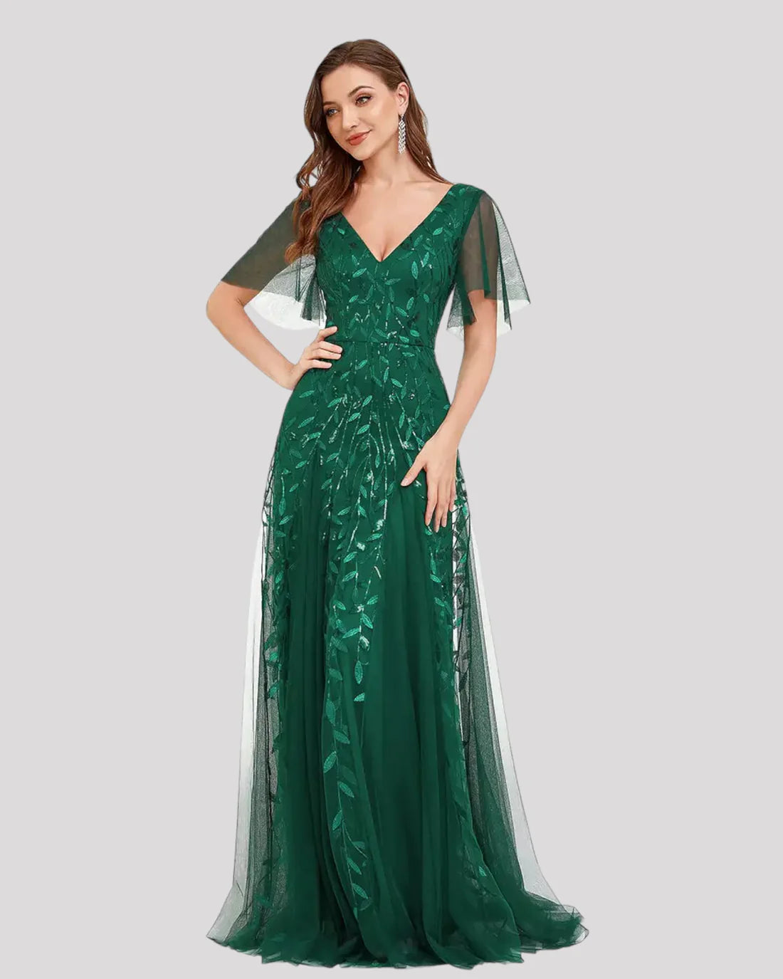 Damska Sukienka Maxi Na Wesele Z Dekoltem V I Wzorem Liści