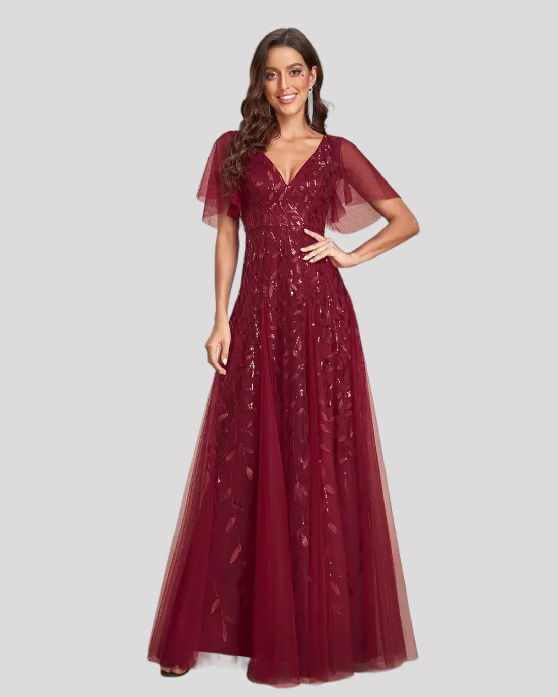 Damska Sukienka Maxi Na Wesele Z Dekoltem V I Wzorem Liści