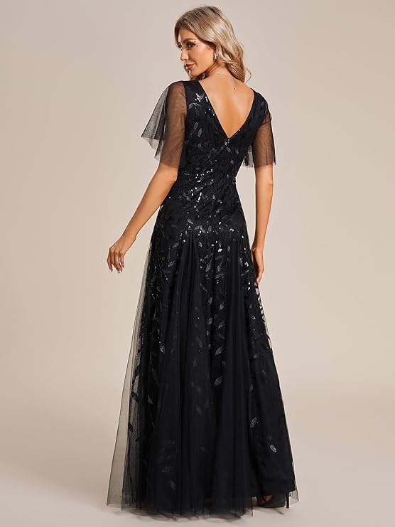 Damska Sukienka Maxi Na Wesele Z Dekoltem V I Wzorem Liści