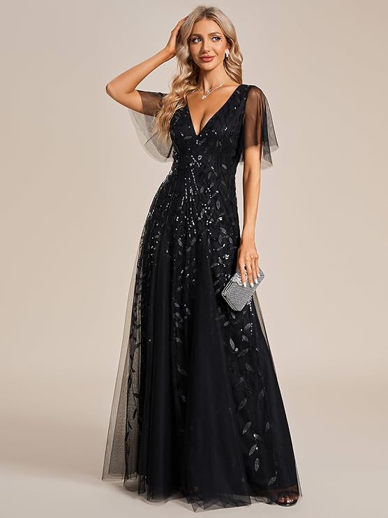 Damska Sukienka Maxi Na Wesele Z Dekoltem V I Wzorem Liści