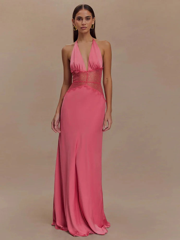 Damska Sukienka Maxi Na Wesele Z Głębokim Dekoltem V I Koronkową Wstawką