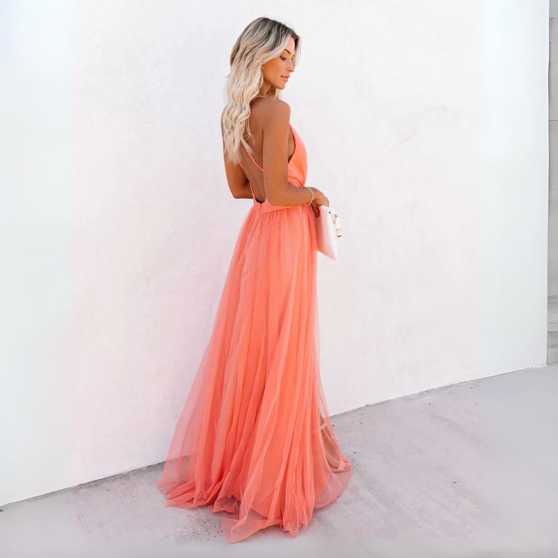 Damska Sukienka Maxi Na Wesele Z Krzyżującymi Się Ramiączkami Na Plecach I Głębokim Dekoltem V