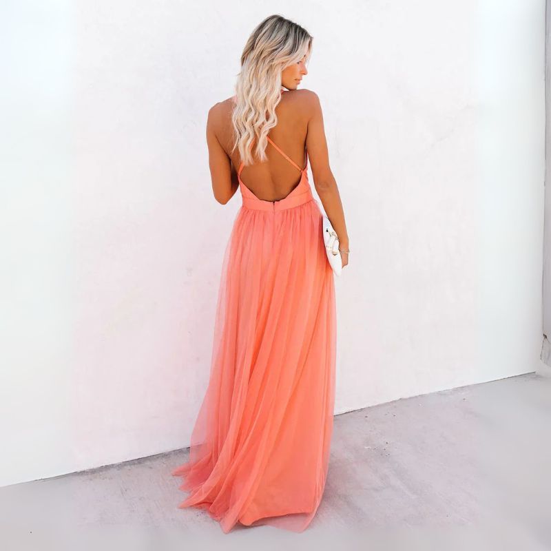 Damska Sukienka Maxi Na Wesele Z Krzyżującymi Się Ramiączkami Na Plecach I Głębokim Dekoltem V