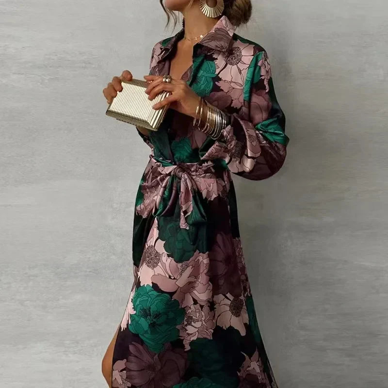 Damska Sukienka Maxi w Kwiaty z Kołnierzykiem i Wiązaniem z Przod